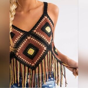Heritage charm Crocheted Fringe Camisole in Black, Brown & Cream